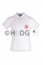 DRK-Damen-Poloshirt, wei&szlig;, Mischgewebe, Tasche, Rundlogodruck