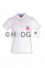 DRK-Damen-Poloshirt, weiß, Mischgewebe, Tasche, Rundlogodruck